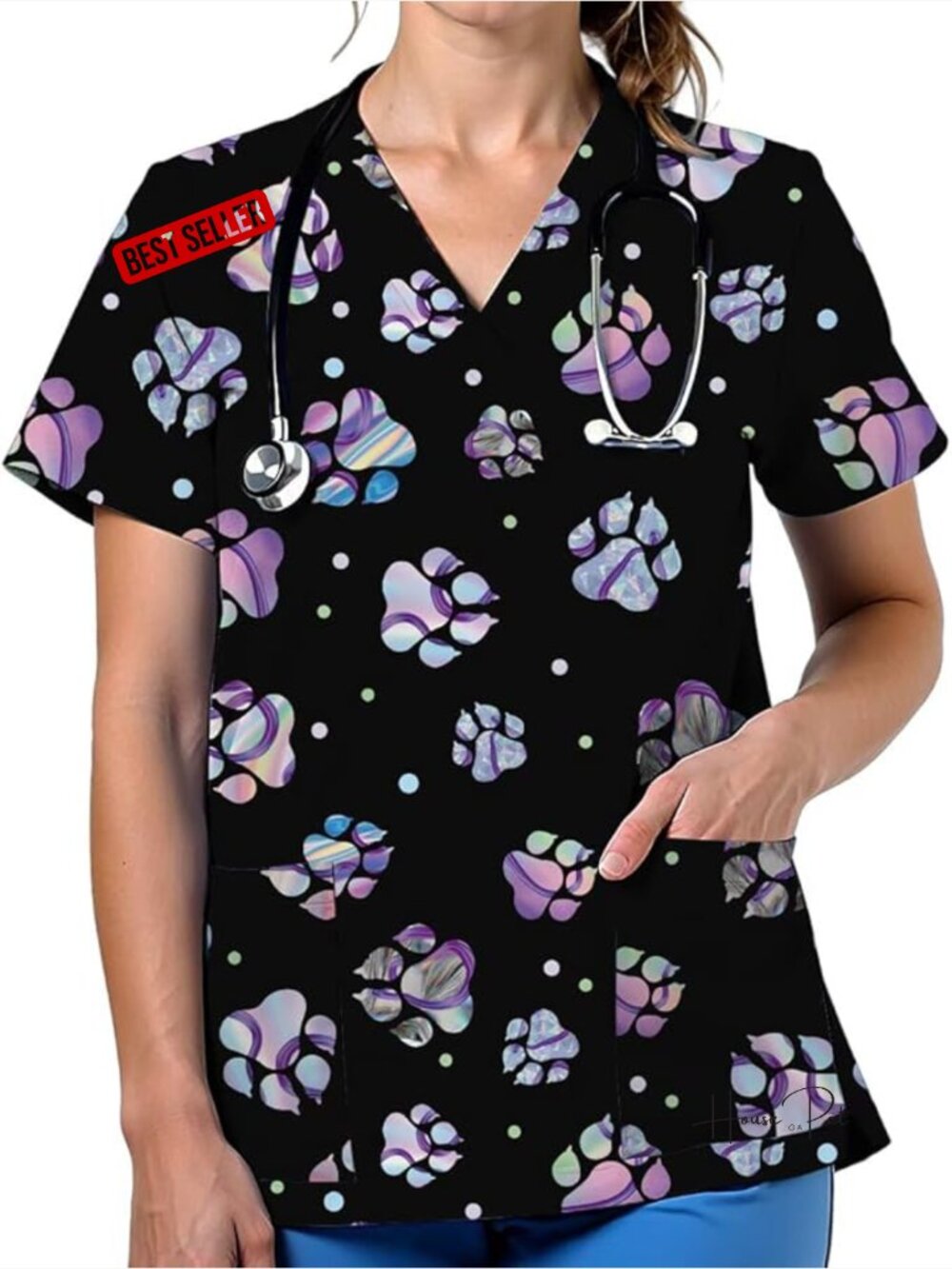 V Neck Cute Printed Scrub Top Medical Nurse Shirt Soft Casual Uniform With 2
